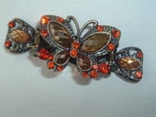 VINTAGE ORANGE RHINESTONE GOLD PLASTIC GEM BUTTERFLY METAL HAIR CLAW CLIP