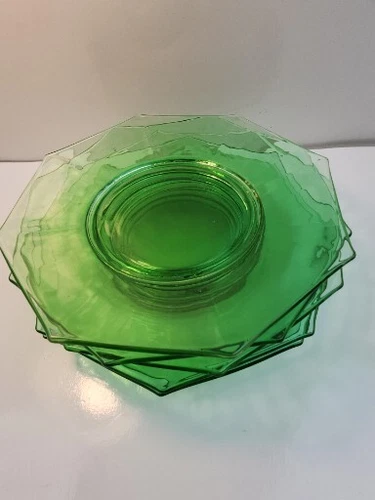 Antique Set Of 6 Octagonal Uranium Depression Glass 8" Plates c.1920's-1930's