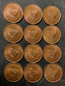 Vintage Great Britain Coin Lot - 1947 - FARTHINGS - 12 Uncirculated Coins - #U23