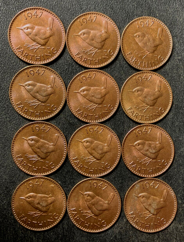 Vintage Great Britain Coin Lot - 1947 - FARTHINGS - 12 Uncirculated Coins - #U23