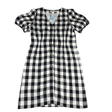 LOFT Dress Womens 8P Petite Black White Plaid Button V-Neck Checkered Casual NWT