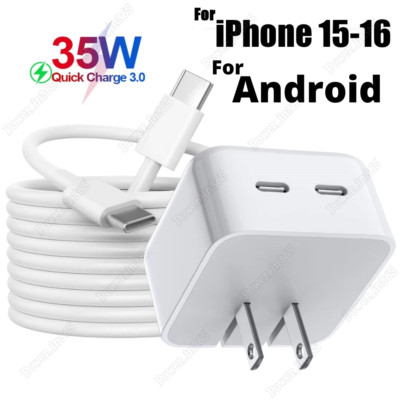 For iPhone 16 15 Samsung Dual USB-C Fast Charger PD 35W Power Power Type C Cable