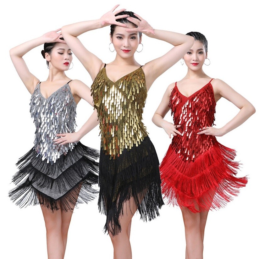ranrann Damesjurk Klassiek Dans Turnpakje Asymmetrische Jurk Latijn Dans Jazz Rumba Salsa Wals Tango Performance Dancewear XS-XXL, Type J Zwart, XL