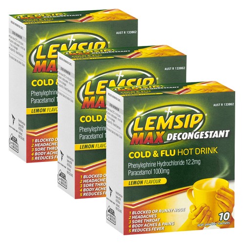 3 x Lemsip Max Decongestant Cold & Flu Fever Relief Lemon Powder Hot Drink 10 Pk - Picture 3 of 12