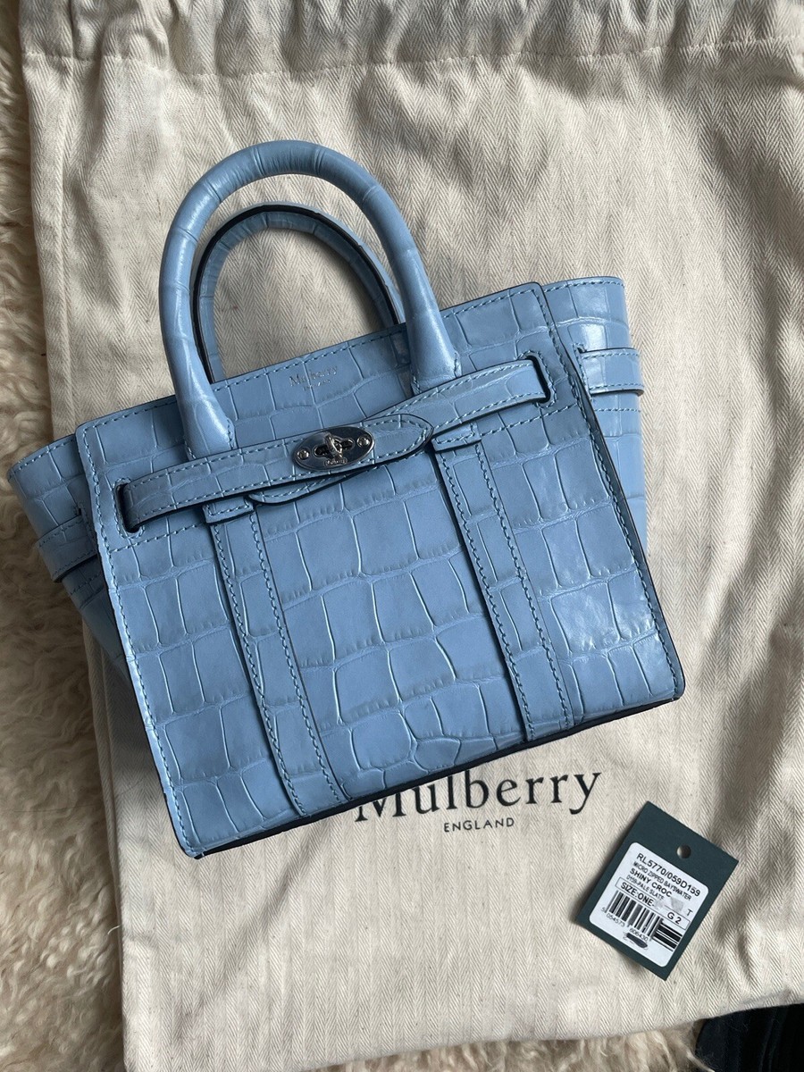 Mulberry Micro Zipped Bayswater In Blue Croc Embossed Leather