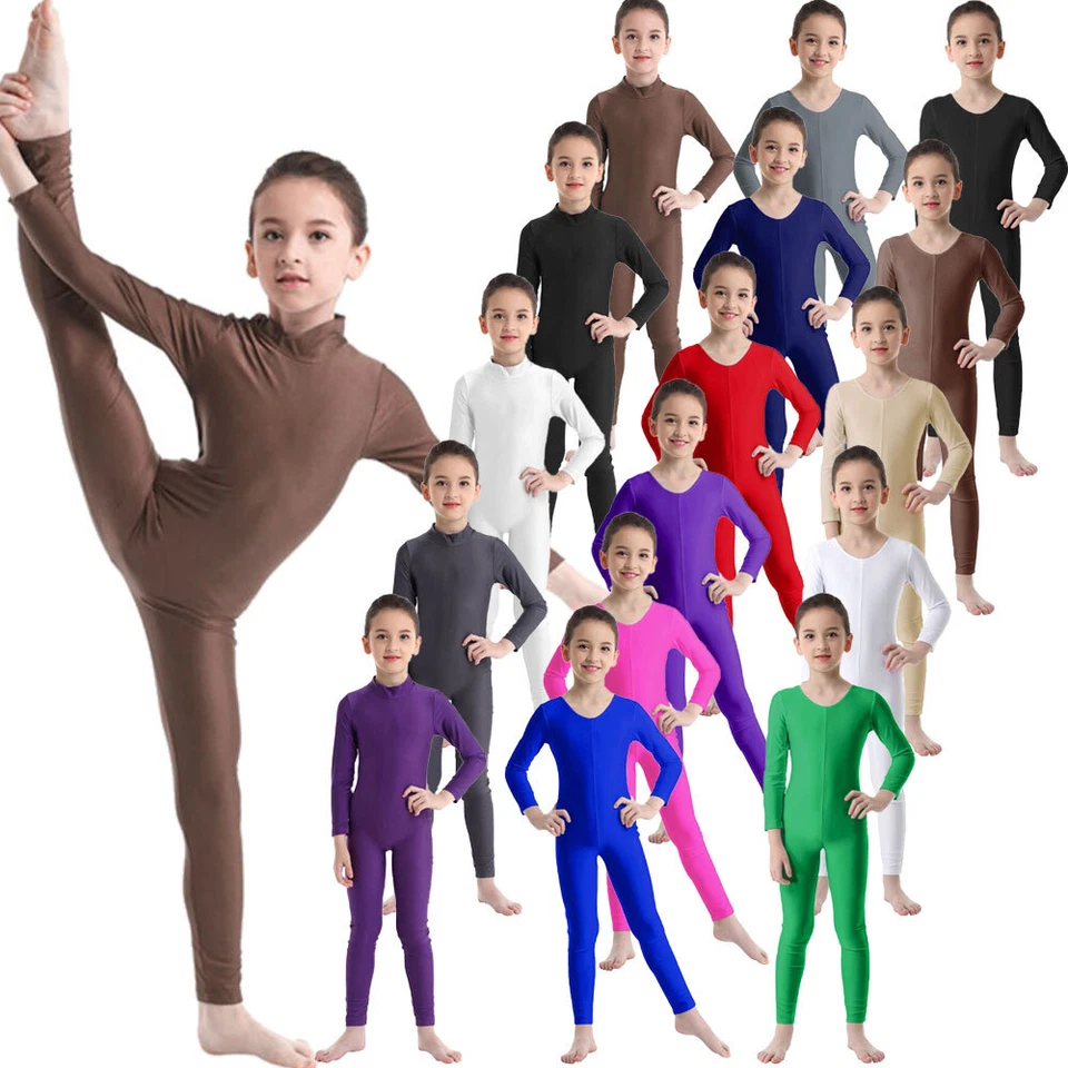 UK Kids Girls Long Sleeve Dance Gymnastics Leotards Catsuit Jumpsuit Sportswear - Image 2 of 4