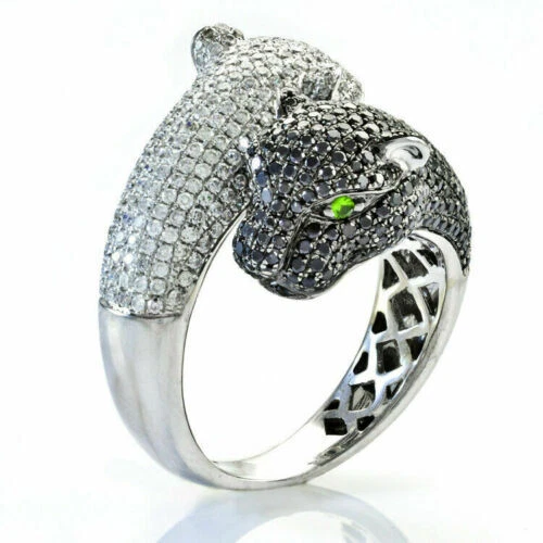 Round Cut Black Spinel & Lab-Created Diamond Panther Double Face Ring 925 Silver - Image 3 of 4