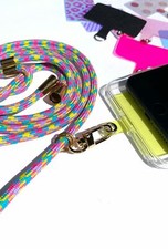 Crossbody Phone Holder/ Phone Lanyard - pink/blue/yellow - gold