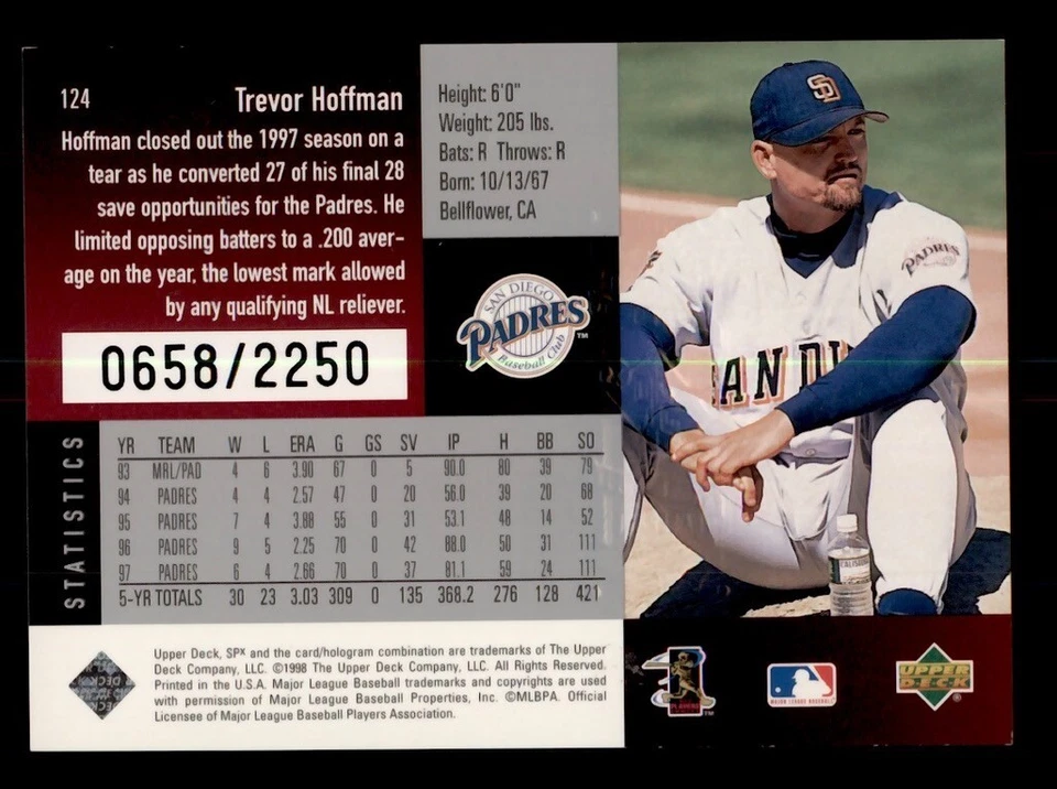 1998 SPX FINITE SPECTRUM #124 TREVOR HOFFMAN /2250 SAN DIEGO PADRES - Image 2 of 2