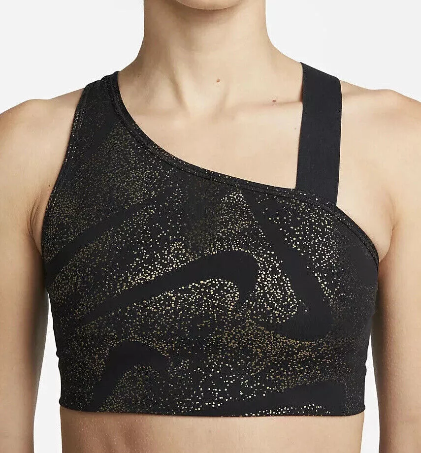 Nike Black/Gold Swoosh Asymmetrical MS Non-Padded Sports Bra (DQ5242-010)  S/M/L