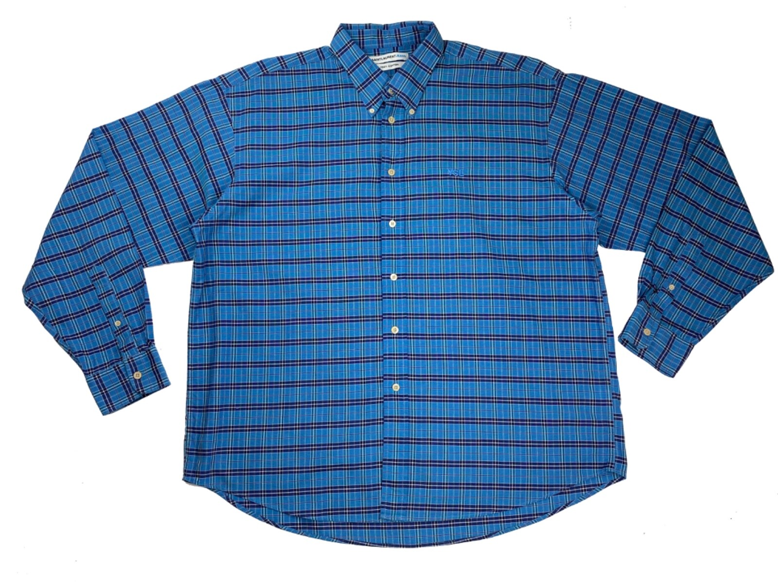 CAMICIA UOMO SAINT LAURENT JEANS BLU A QUADRI COTONE LOGO ABBOTTONATO YSL TAGLIA XL