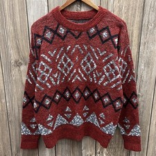 Vintage Geometric Crazy Pattern Knit Pullover Crewneck Sweater Red Mens Large