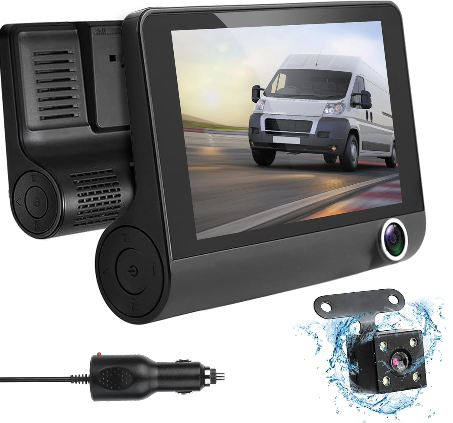 3-Channel 4-Inch Dash Cam with Front Rear Inside View 1296P Resolution