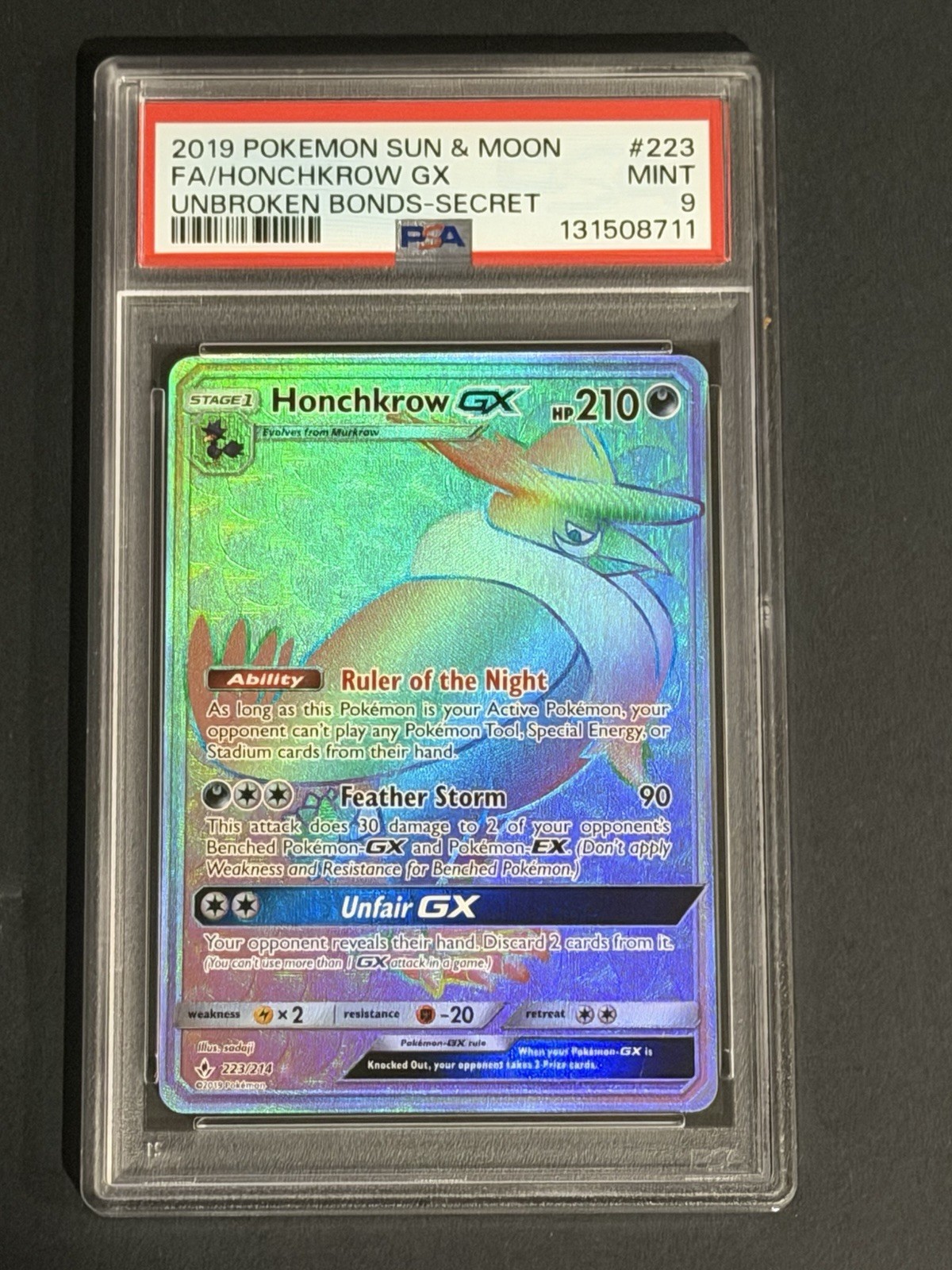 PSA 9 Honchkrow GX Unbroken Bonds 223/214 Pokemon Card 2019 Sun Moon Secret