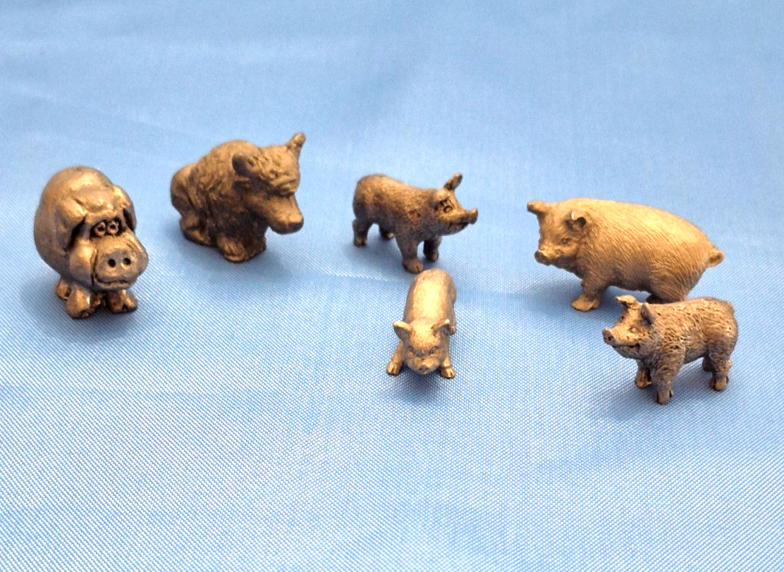 6 Miniature Pewter Pigs and boar unbranded