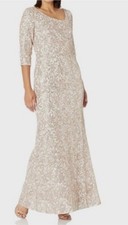 Alex Evenings Size 6 Champagne/Ivory Sequin Lace Gown Scoop Neck Long