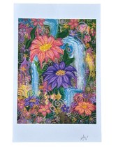 Impresión artística floral vibrante en cascada pintada a mano Shabby Chic 7"x 5" Cottagecore