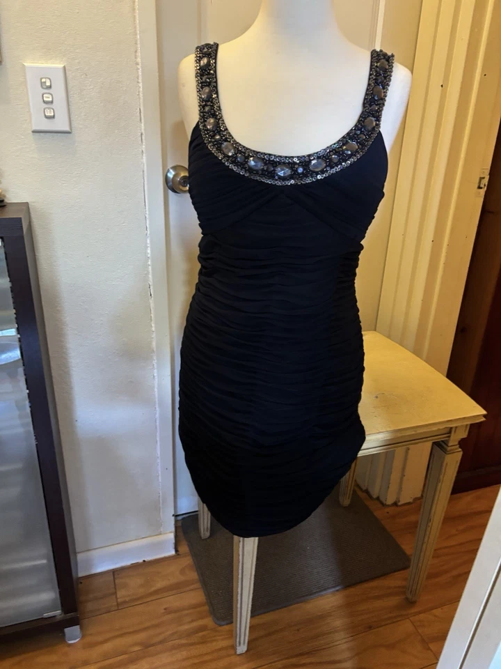 XSCAPE Black Ruched Sleeveless Sheath Dress Scoop Neck Beaded Knee Length 14 - image 1 of 2