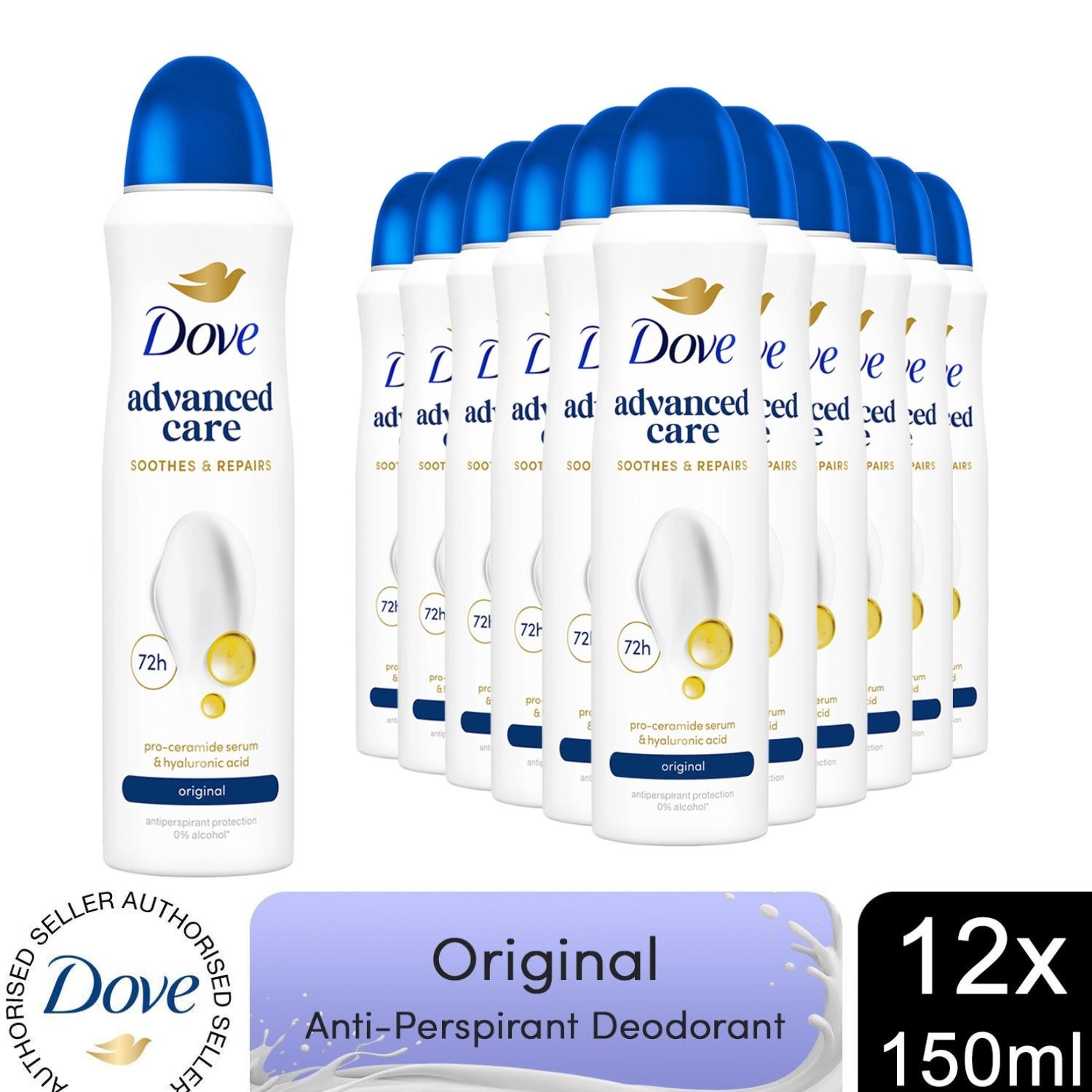 12x Dove Anti-Perspirant Advanced Care Original 72H Deodorant for Women, 150ml