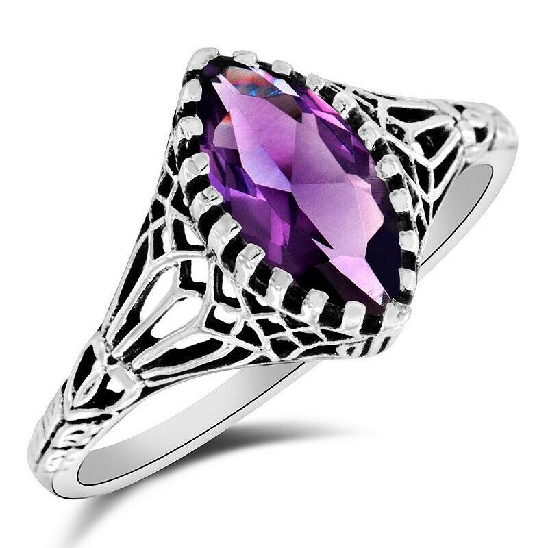 1CT Amethyst 925 Sterling Silver Filigree Style Ring Sz 7 F4-1