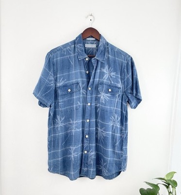 Lucky Brand M Blue Chambray Palm Tree Short Sleeve Button Down Men s Medium 
