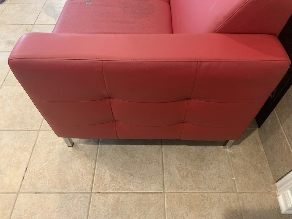 Modern Red Faux Leather Loveseat Couches - Image 2 of 4