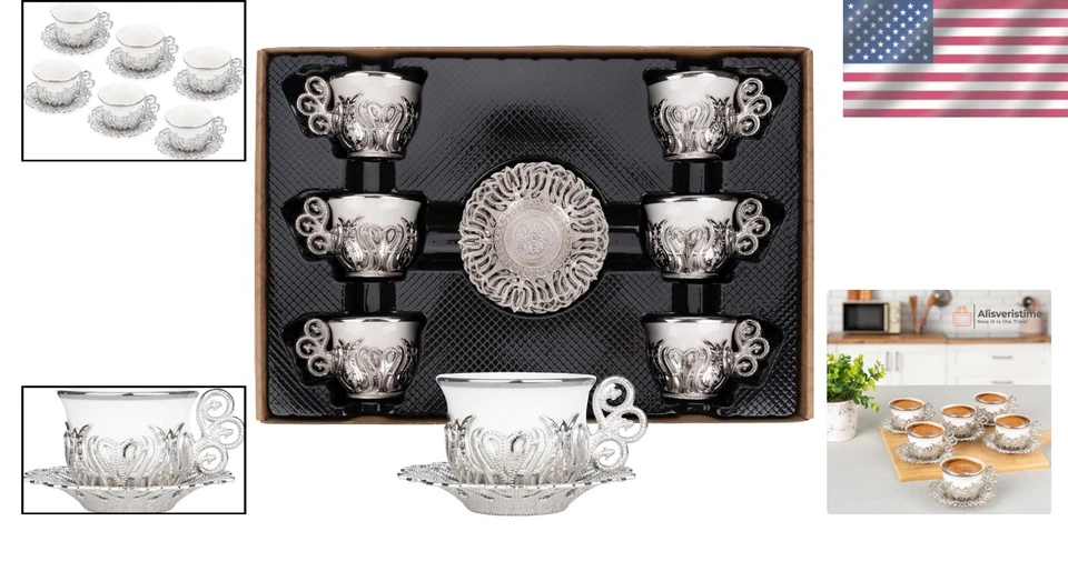 Подлинный турецкий кофе чашки комплект, 6 фарфоровых чашек и блюдца - Изображение 2 из 4