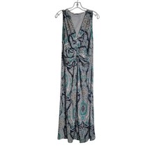 Surroundings Paisley Maxi Dress Womens XL Teal Navy Sleeveless Ruched Front