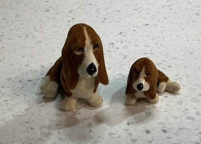 2 Miniature Basset Hound Figurines Flocked Fur