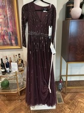 Mac Duggal 4977 Sequined V-Neck Illusion Long Sleeve A-Line Gown Mulberry Sz 4