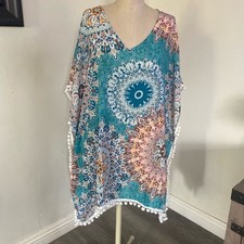 New! PinkMStyle Bohemian Blue Women'S V-neck Bathing suit Cover Up One Size