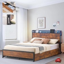 Queen Bed Frame w/ Bookcase Headboard Metal Platform w/ Drawers Charging Station