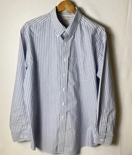 LL Bean Wrinkle Resistant Cotton Men Button Down White Blue Stripe Large Regular