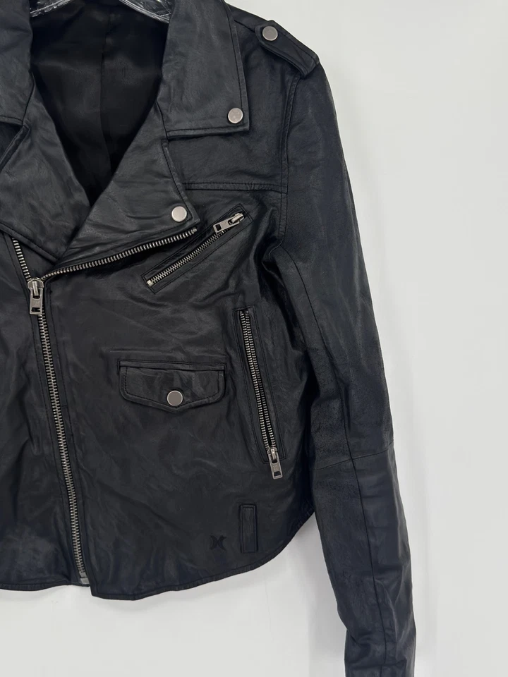 Chaqueta de motociclista Hurley para mujer negra de cuero genuino con cremallera Y2K 2009 Foto 4 de 4