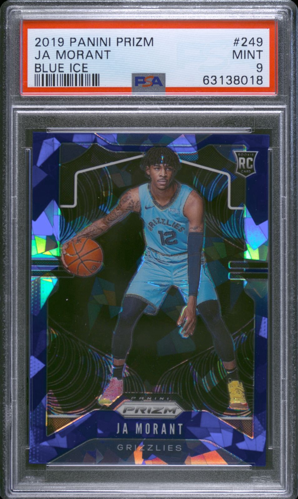 2019-20 Panini Prizm Ja Morant Rookie /99 Blue Ice RC #249 PSA 9