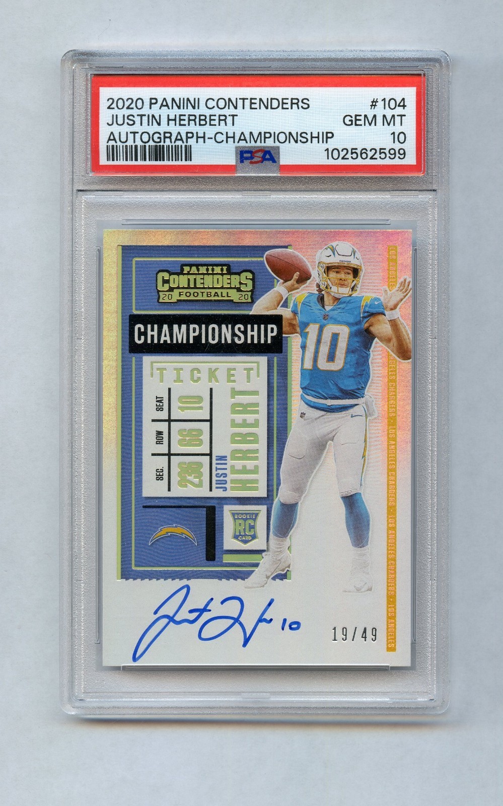JUSTIN HERBERT 2020 Contenders Rookie Championship Ticket Auto /49 PSA 10 pop 1