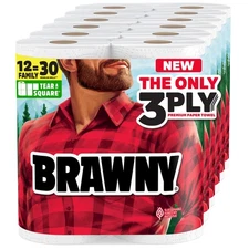30 Regular Rolls 12 XL Family Rolls Brawny Tear-A-Square 3-Ply Paper Towels