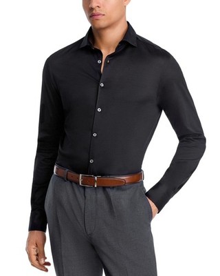 Canali Mens Slim fit Button-Up Shirt Large Black Solid Stretch