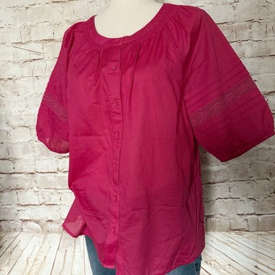 Talbots Petites Womens Puff Sleeve Cotton Blouse Top Size L Petite Raspberry 