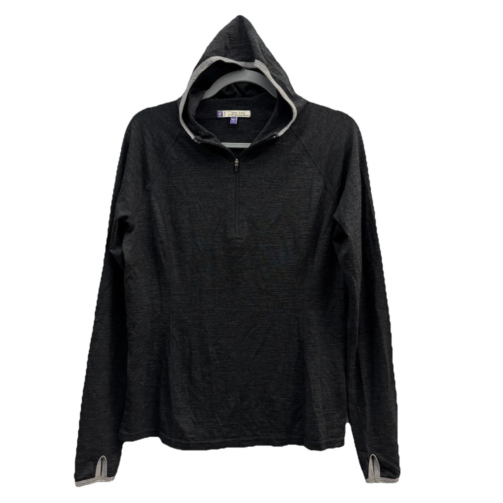 Ibex Sweater Womens Large 1/4 Zip Hood 100% Merino Wool Dark Gray Thumbhole USA