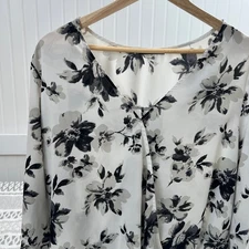 WEST KEI XL Faux Wrap Blouse Black Gray White Floral Chiffon Career Top Women's