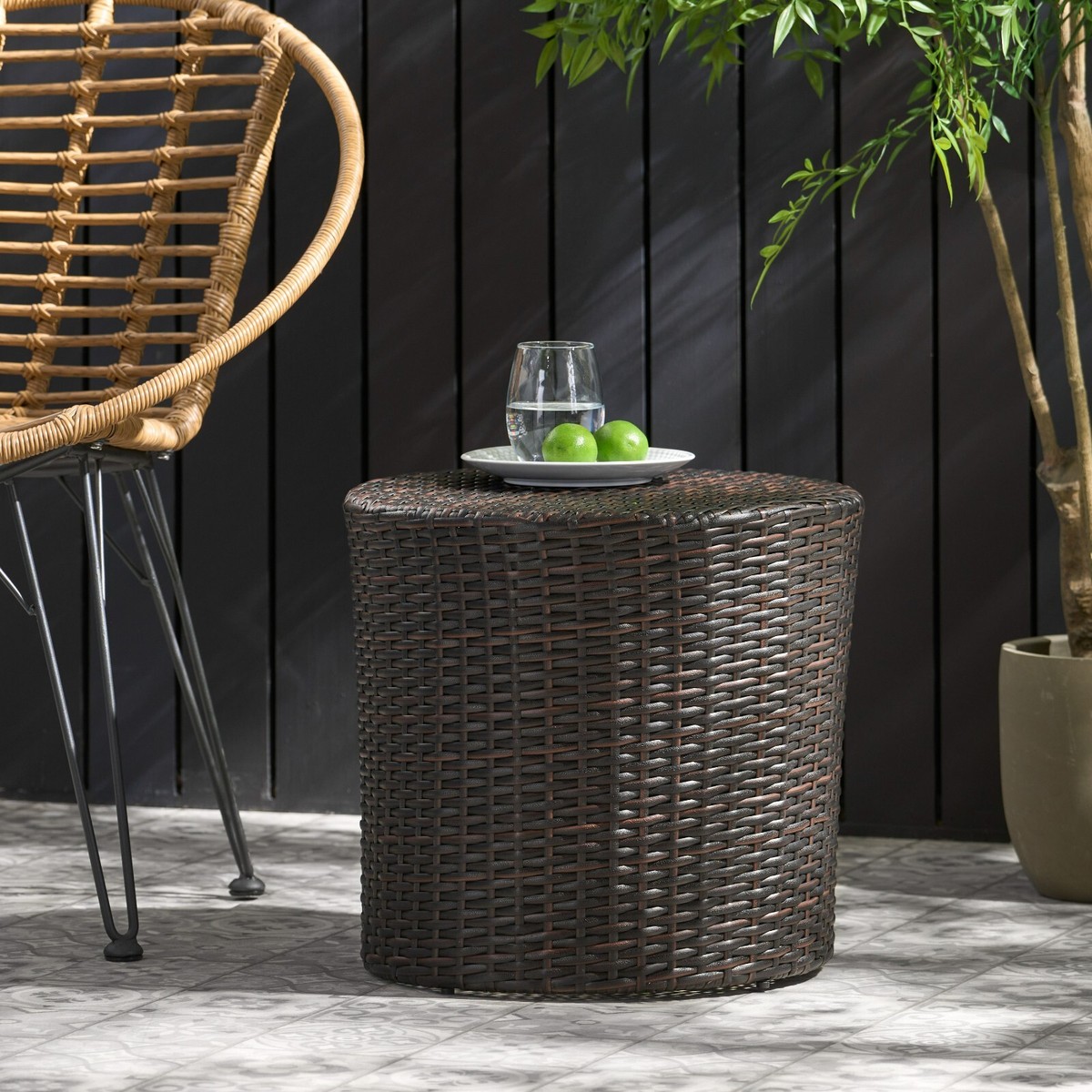 Outdoor Wicker Barrel Side Table, Multibrown