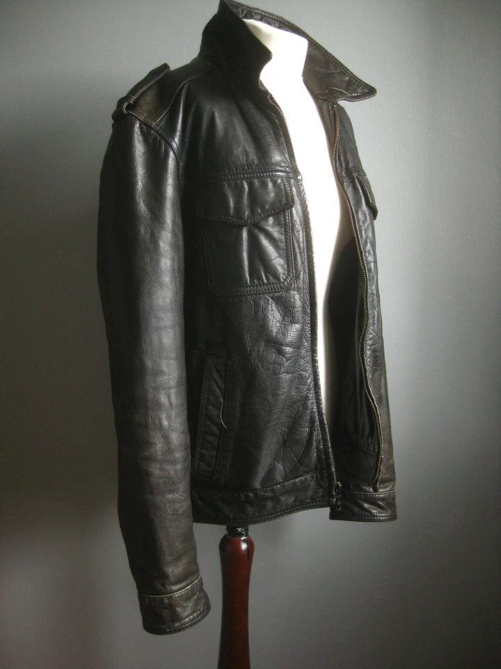 CHAQUETA DE CUERO ENVEJECIDO HILFIGER 40 42 camionero mediana para hombre suave real descolorida antigua Foto 2 de 4