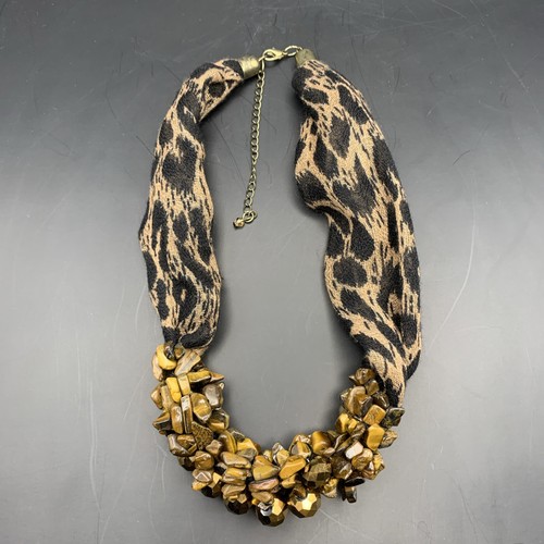 Chunky Boho Leopard Print Gemstone Necklace Fabric Tigers Eye Chip Cluster Bib - Picture 7 of 10
