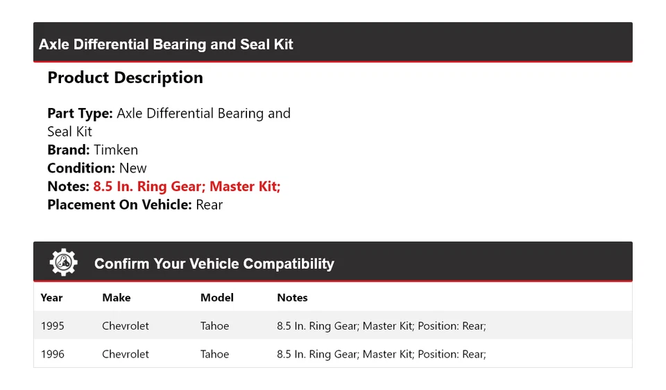 Kit de cojinete y sello diferencial eje trasero Timken para Chevrolet Tahoe 1995-1996 Foto 2 de 3