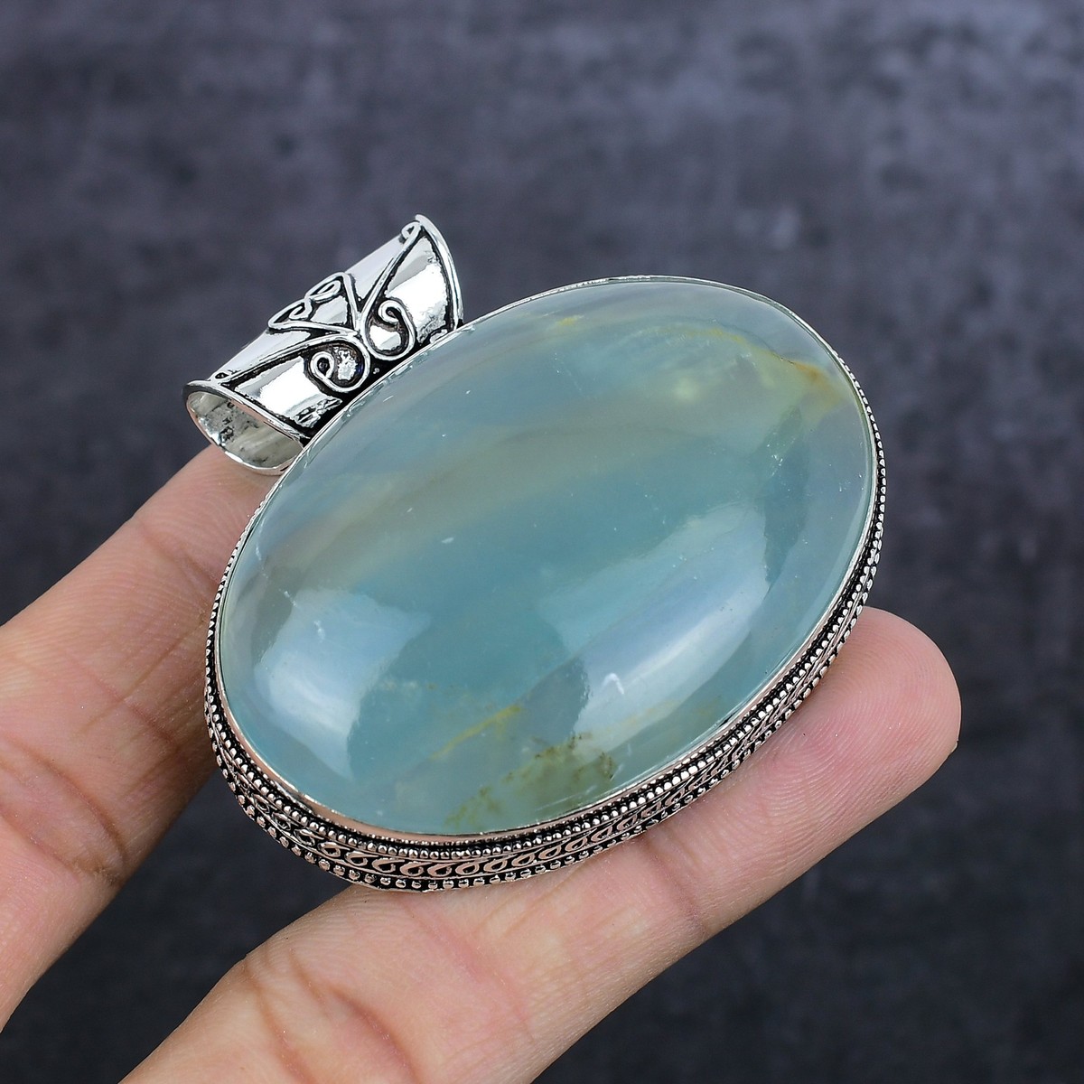 Pendentif Argent 925 Pierre Naturelle Aquamarine Amazonite Jasper - Fait Main, 2 Pouces