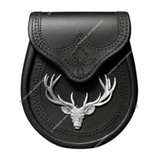 Handmade Black Saddle Leather Semi-Dress Sporran with Large Stag Head