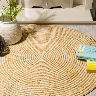   Rund Beige Jute Baumwolle Geflochten Handgewebt Wende Teppich Haustier Yoga Couchtisch