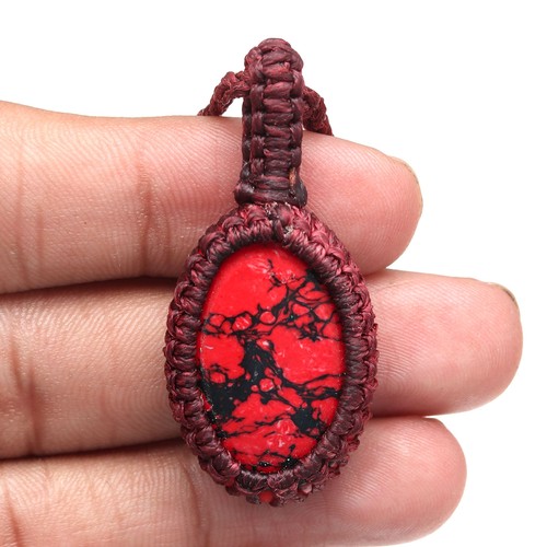 Macrame Red Handmade Necklace Copper Turquoise Thread Gemstone Jewelry - Picture 4 of 9