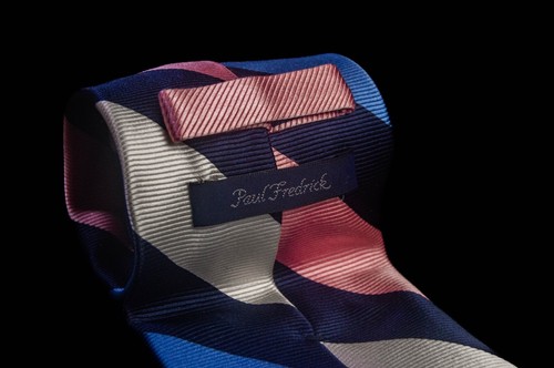 Paul Fredrick - Sapphire Blue & Flamingo Pink Stripe Italian Silk Tie 3.8"W 56"L - Picture 2 of 5